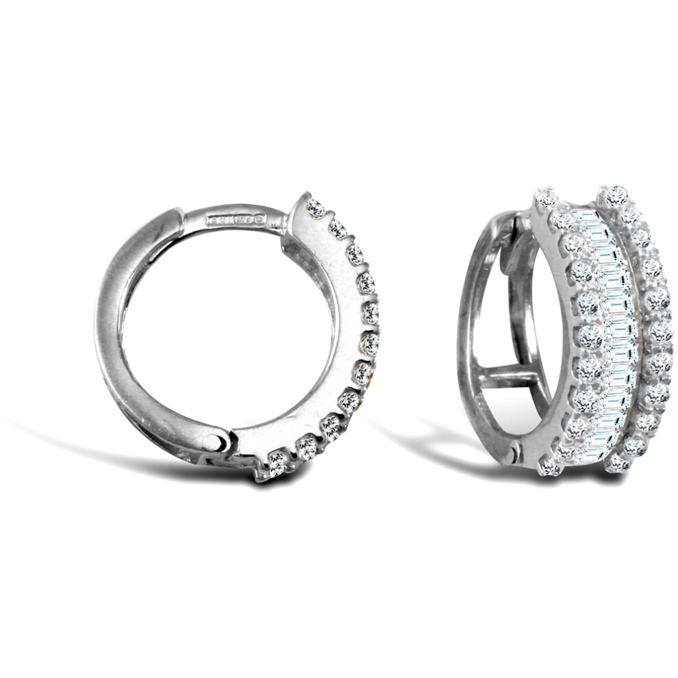 Jewelco London Ladies Solid 9ct White Gold White Round and Baguette Cubic Zirconia Eternity 5.5mm Huggie Hoop Earrings 15mm - JER752