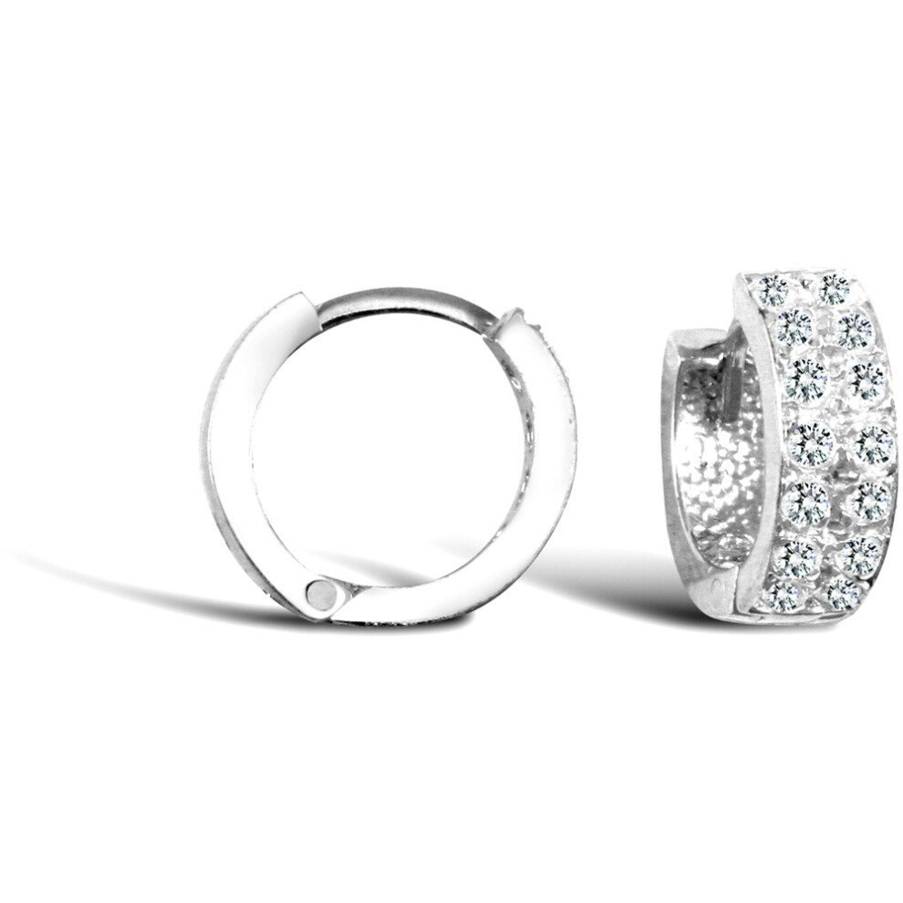 Jewelco London Ladies Solid 9ct White Gold White Round Brilliant Cubic Zirconia 2 Row Eternity 4mm Huggie Hoop Earrings 11mm - JER750