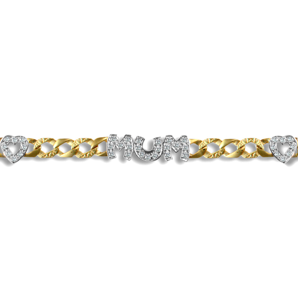 Jewelco London Ladies Solid 9ct Yellow and White gold White Round Brilliant Cubic Zirconia MUM Venezia Love Heart Curb 6mm Gauge Bracelet - JBB212