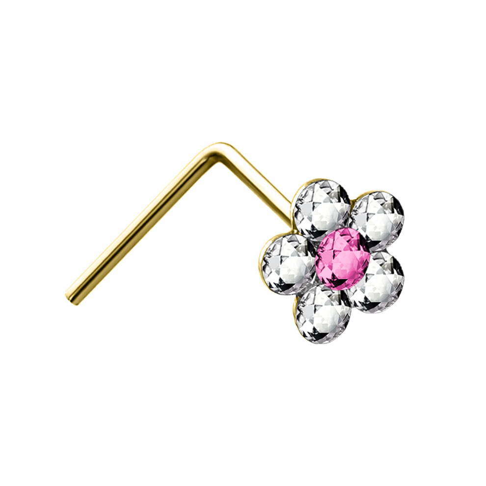 Jewelco London Ladies Solid 9ct Yellow Gold Pink and White Round Crystal Daisy Flower Nose Stud 4mm - JNS061