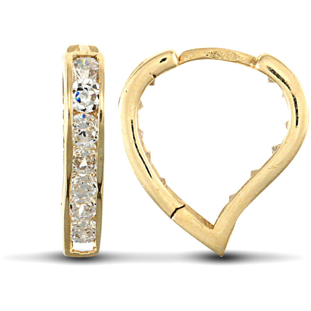 Jewelco London Ladies Solid 9ct Yellow Gold White Round Brilliant Cubic Zirconia Love Heart Huggie Earrings - JER716