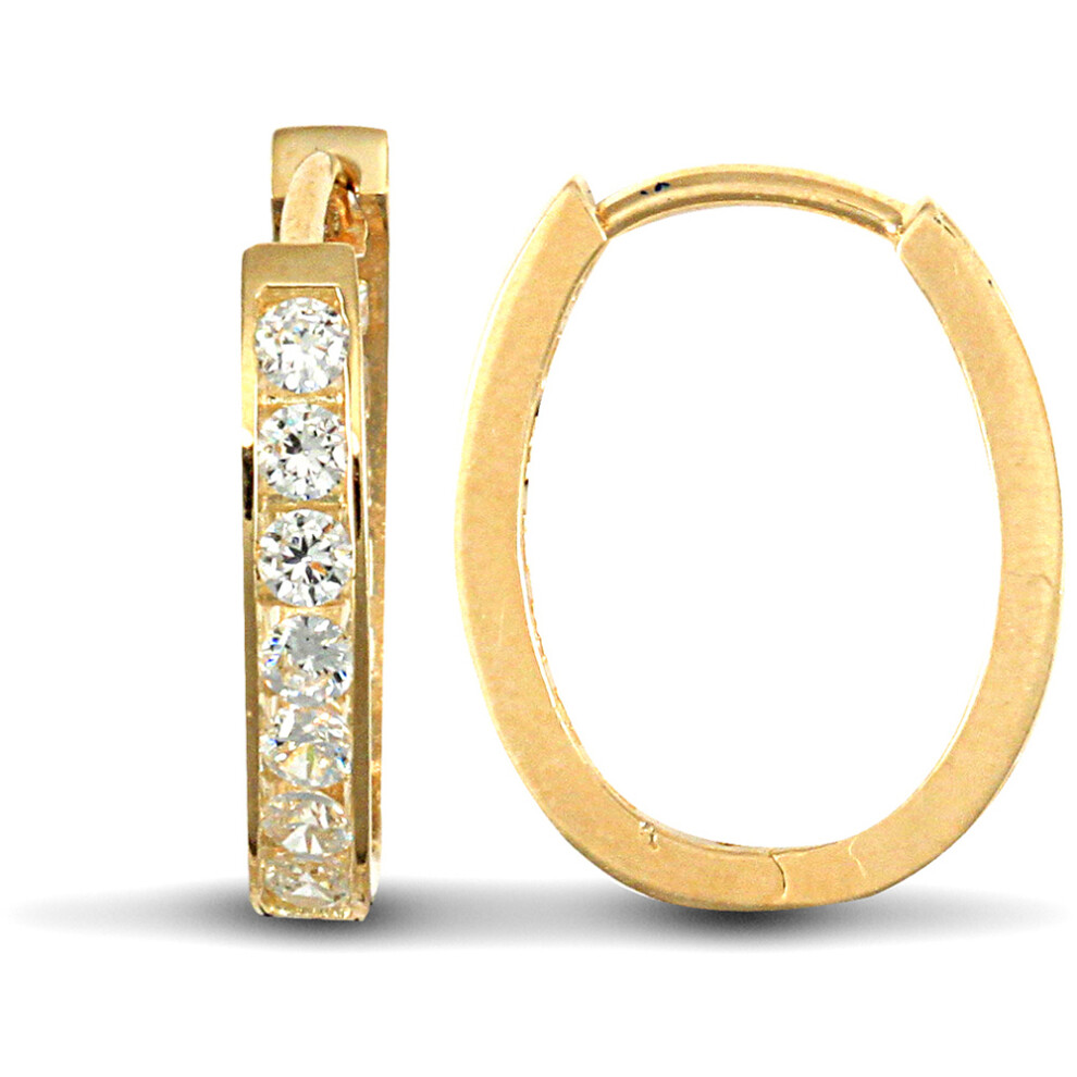 Jewelco London Ladies Solid 9ct Yellow Gold White Round Brilliant Cubic Zirconia Oval Huggie Hoop Earrings - JER714