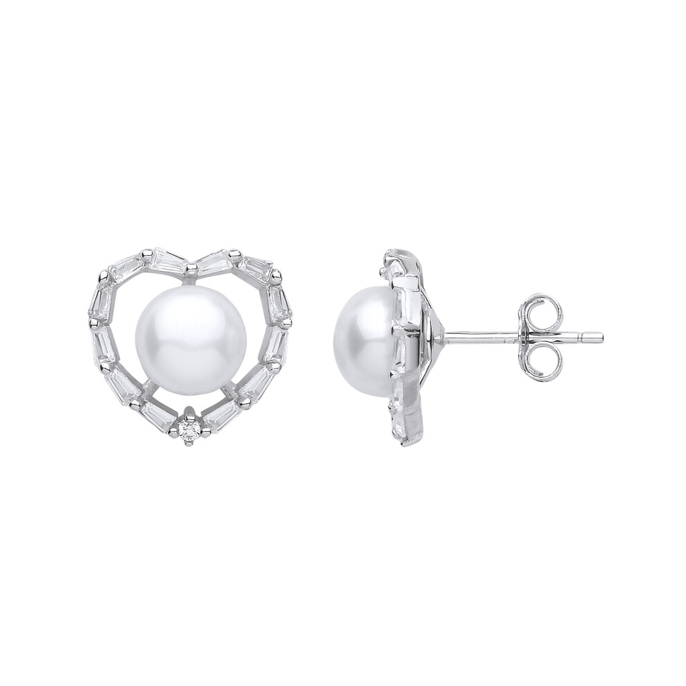 Jewelco London Ladies Sterling Silver Baguette Cubic Zirconia & Freshwater Cultured Pearl Full Moon Love Heart Stud Earrings 7mm - GVE906