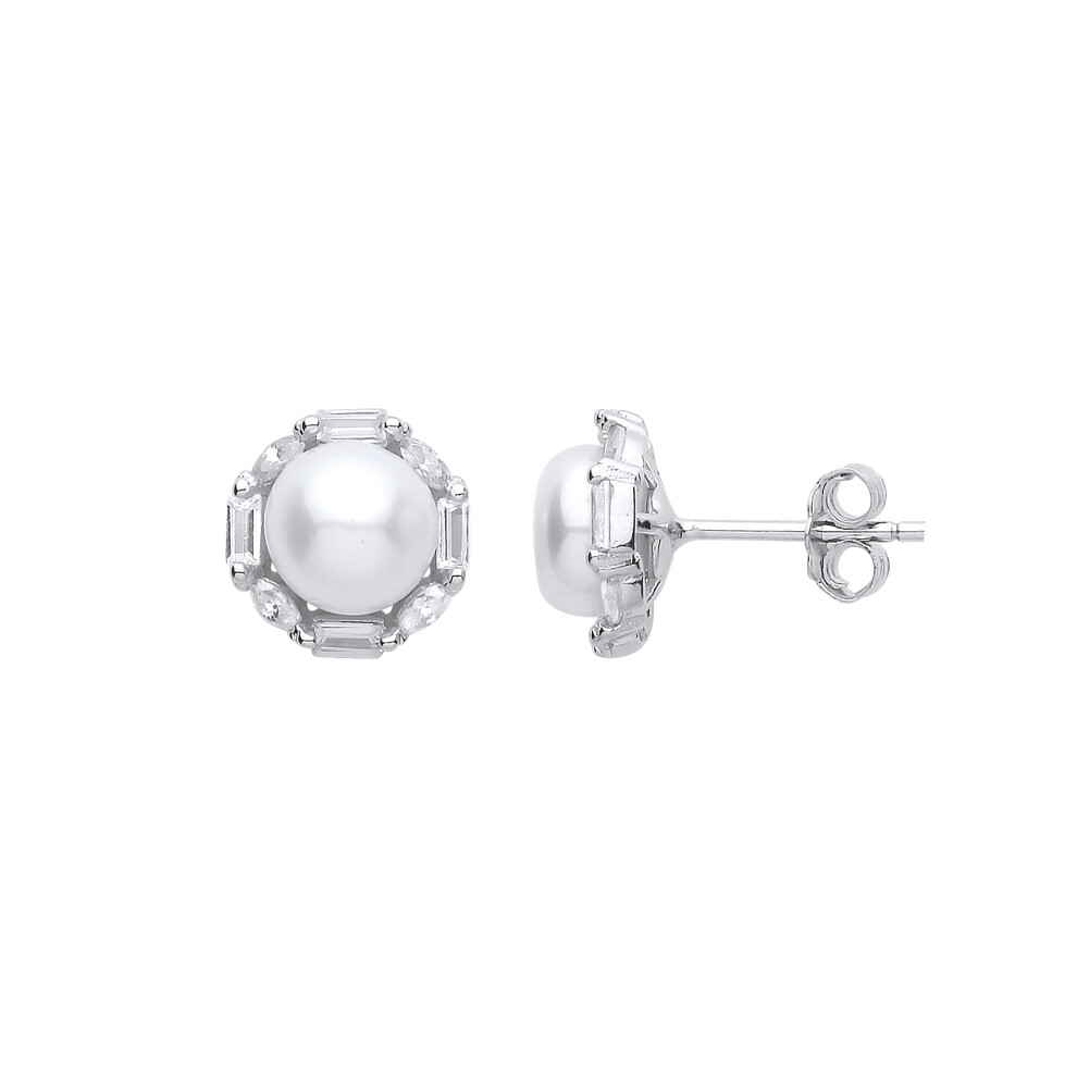 Jewelco London Ladies Sterling Silver Baguette Cubic Zirconia & Freshwater Cultured Pearl Full Moon Octagon Halo Stud Earrings 7mm - GVE907