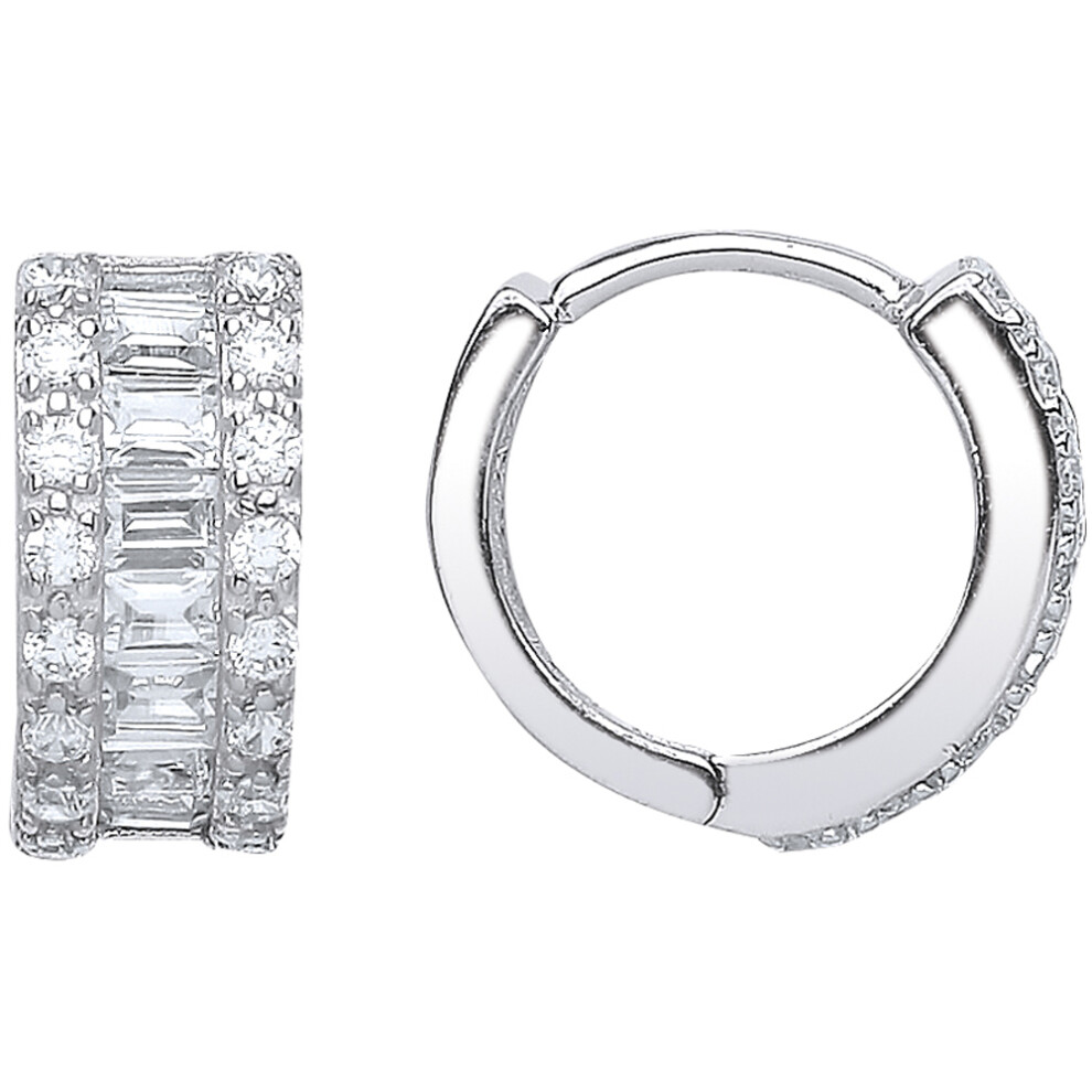 Jewelco London Ladies Sterling Silver Baguette Cubic Zirconia Huggie Hoop Earrings 14mm - GVE537