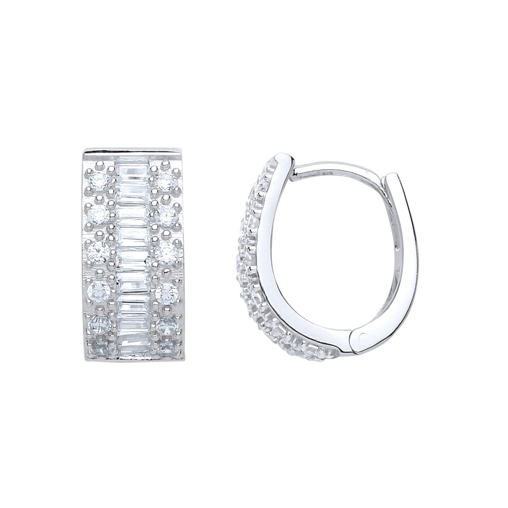 Jewelco London Ladies Sterling Silver Baguette Cubic zirconia Pave Eternity Ring Hoop Earrings 12mm - GVE652