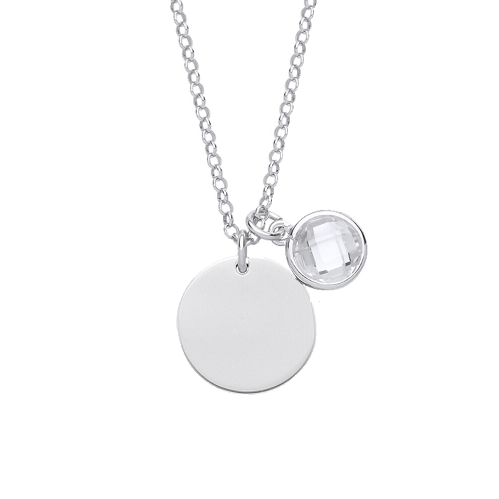 Ladies Sterling Silver Checkerboard Button Cubic Zirconia April Birthstone Medallion Necklace 16 inch - GVK338CRY
