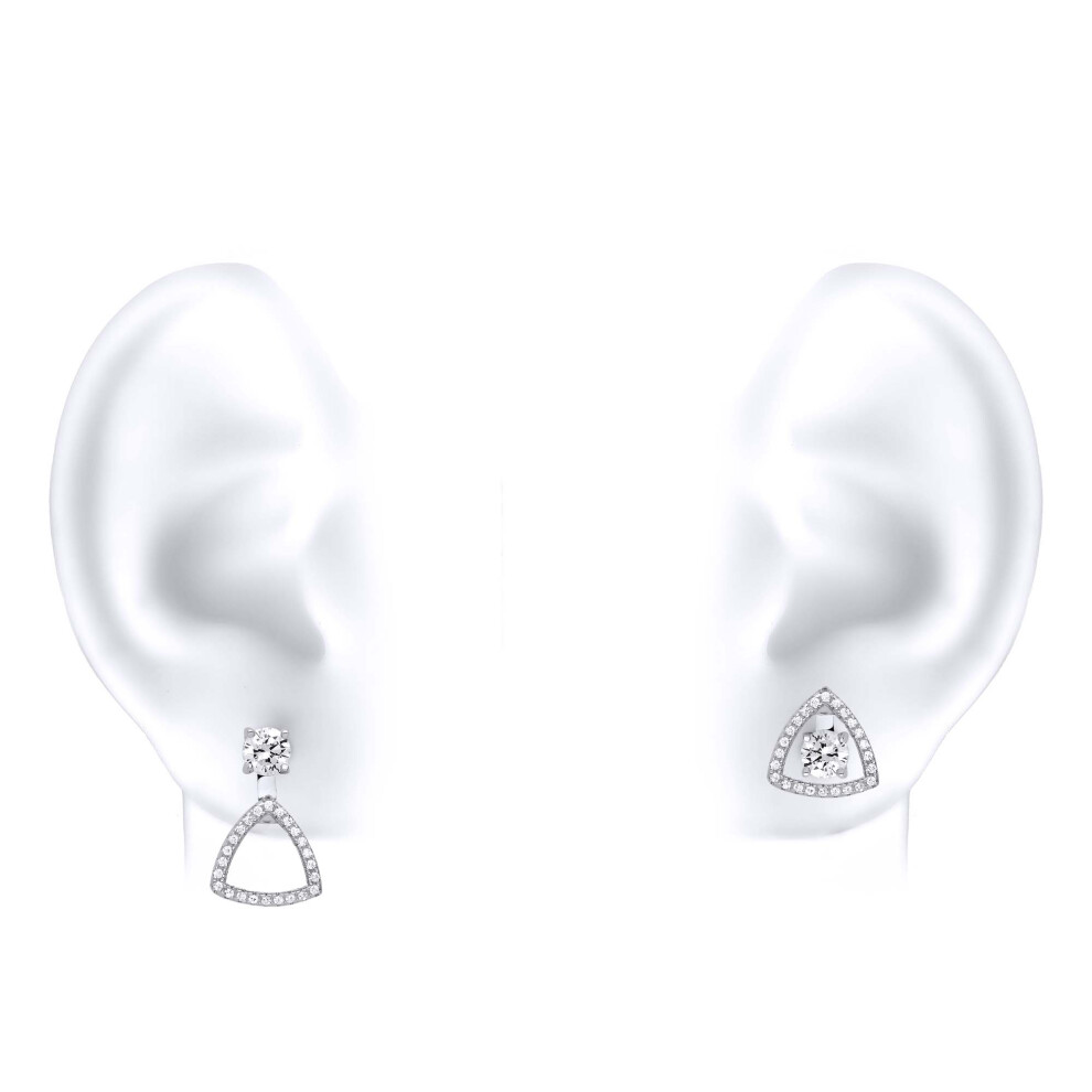 Jewelco London Ladies Sterling Silver Cubic Zirconia Convertible Curved Triangle Halo Solitaire Stud Drop Jacket Earrings - GVE820 - Image 4