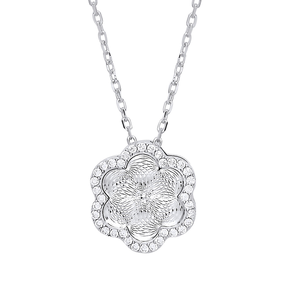 Ladies Sterling Silver Cubic Zirconia Diamond-cut Kaleidoscope Guilloché Charm Necklace - GVK327