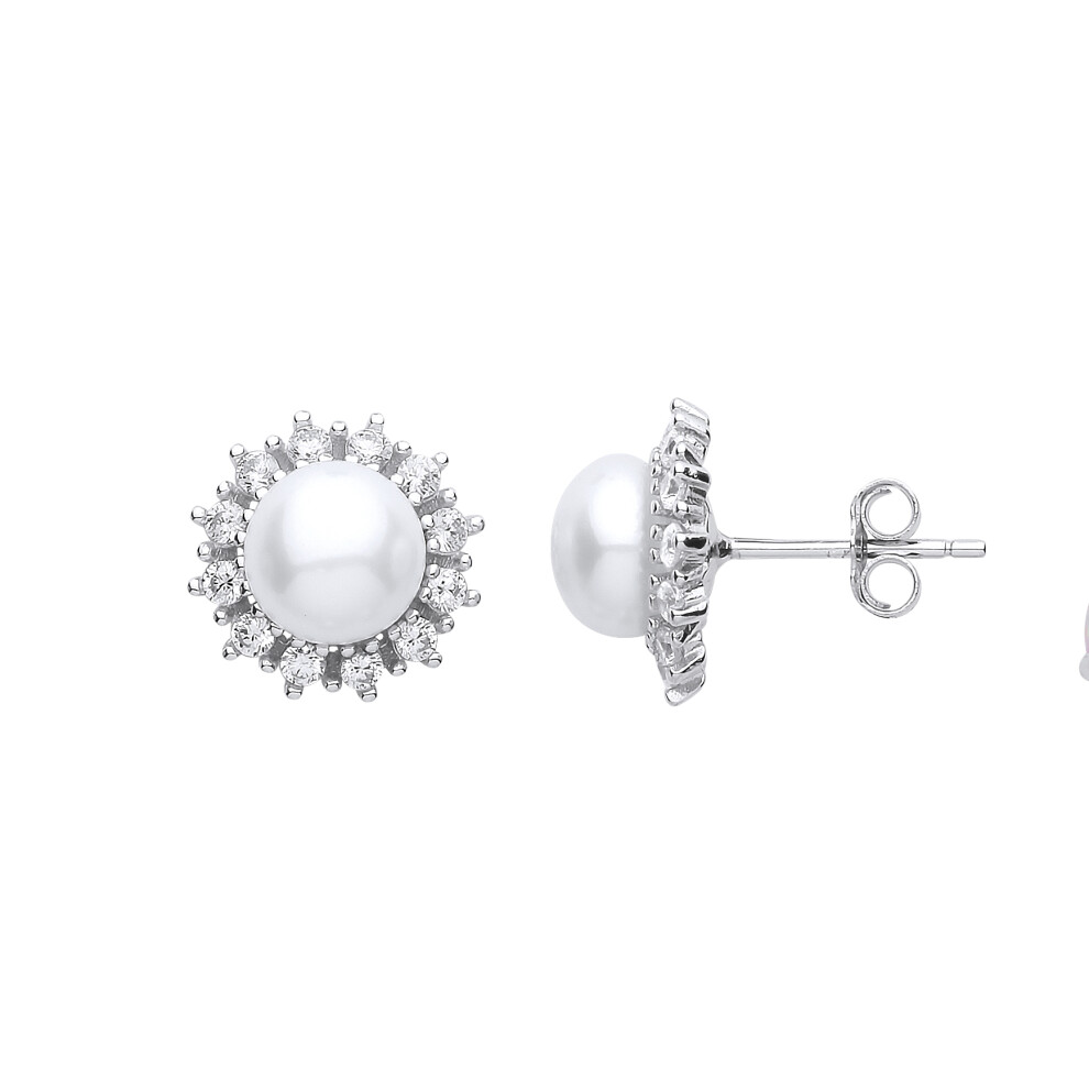 Jewelco London Ladies Sterling Silver Cubic Zirconia & Freshwater Cultured Pearl Full Moon Star Burst Stud Earrings 7mm - GVE903