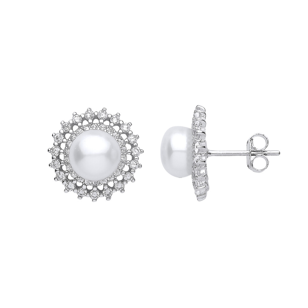 Jewelco London Ladies Sterling Silver Cubic Zirconia & Freshwater Cultured Pearl Full Moon Star Burst Stud Earrings 7mm - GVE904