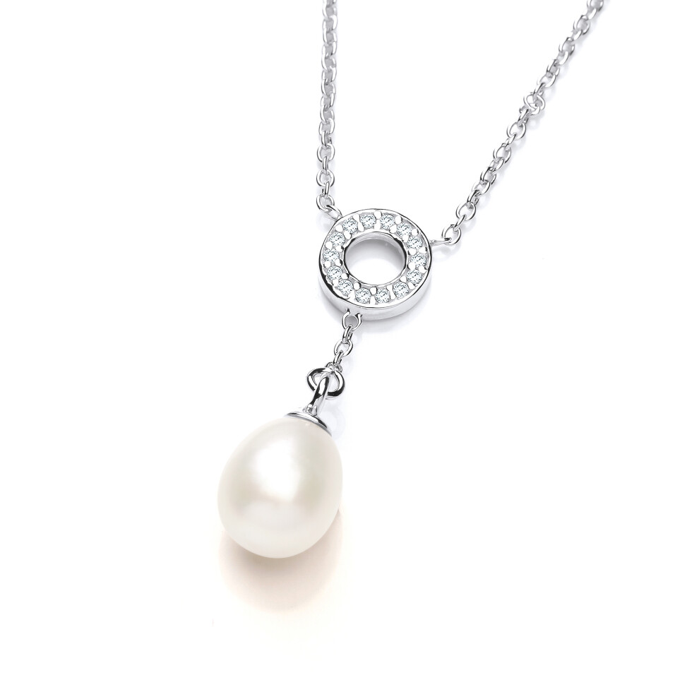 Ladies Sterling Silver Cubic Zirconia & Freshwater Cultured Pearl Halo Chain Charm Necklace 7x9mm - GVK334