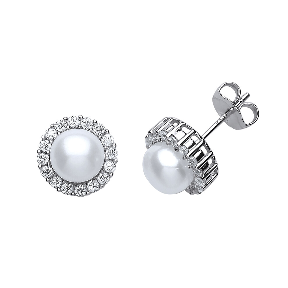Jewelco London Ladies Sterling Silver Cubic Zirconia & Freshwater Cultured Pearl Halo Stud Earrings 8mm - GVE456
