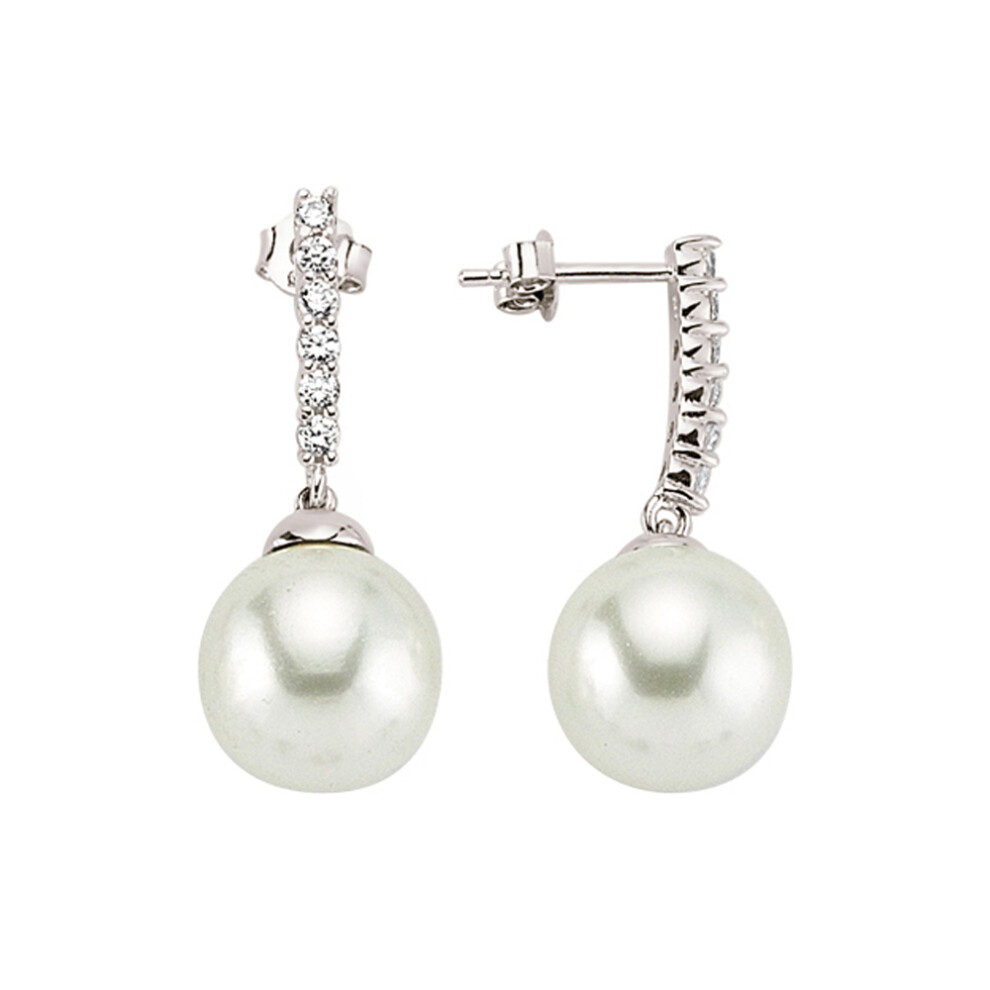 Jewelco London Ladies Sterling Silver Cubic Zirconia & Simulated Pearl Eternity Drop Earrings 13mm - GVE402