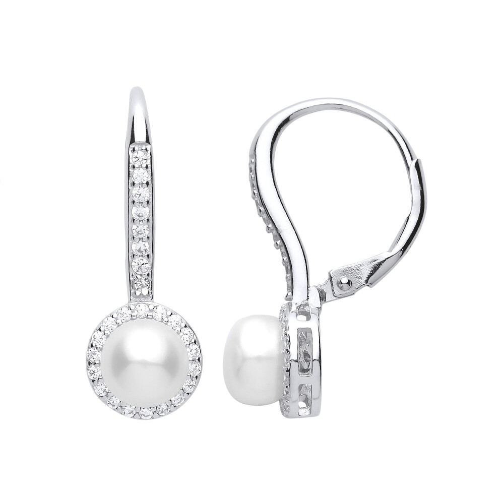 Jewelco London Ladies Sterling Silver Cubic Zirconia & Simulated Pearl Eternity Halo Drop Earrings 9mm - GVE663