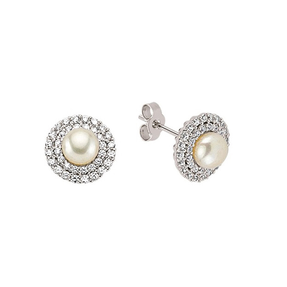 Jewelco London Ladies Sterling Silver Cubic Zirconia & Simulated Pearl Halo Stud Earrings 7mm - GVE332