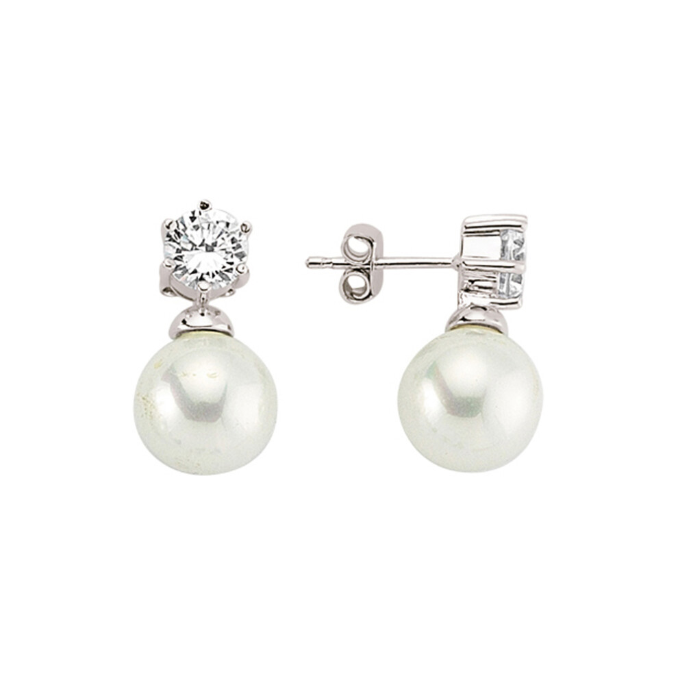 Jewelco London Ladies Sterling Silver Cubic Zirconia & Simulated Pearl Solitaire Stud Earrings 11mm - GVE407