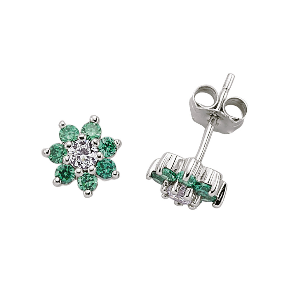 Jewelco London Ladies Sterling Silver Emerald-Green Cubic Zirconia Flower Cluster Stud Earrings - GVE176