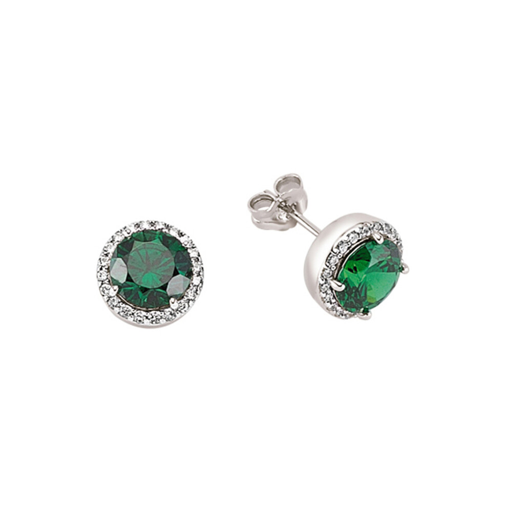 Jewelco London Ladies Sterling Silver Emerald-Green Cubic Zirconia Halo Stud Earrings - GVE322