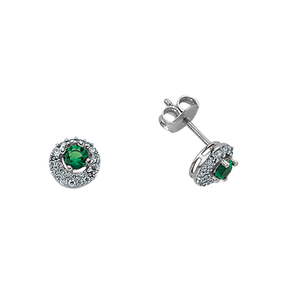 Jewelco London Ladies Sterling Silver Emerald-Green Cubic Zirconia Halo Stud Earrings - GVE396EM