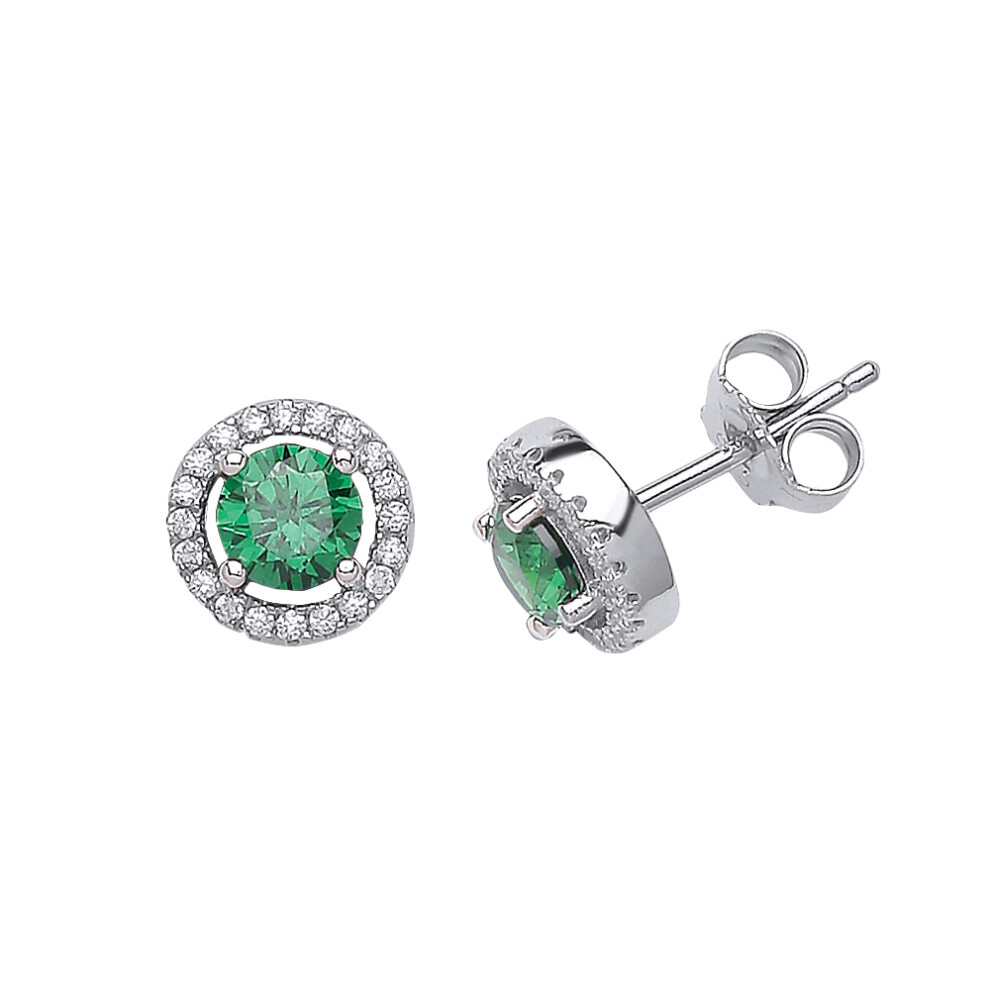 Jewelco London Ladies Sterling Silver Emerald-Green Cubic Zirconia Halo Stud Earrings - GVE524