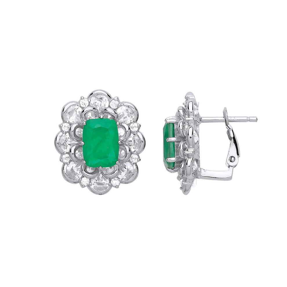 Jewelco London Ladies Sterling Silver Emerald-Green Cushion Cubic Zirconia Supernova Flower Cluster Drop Earrings - GVE739EM