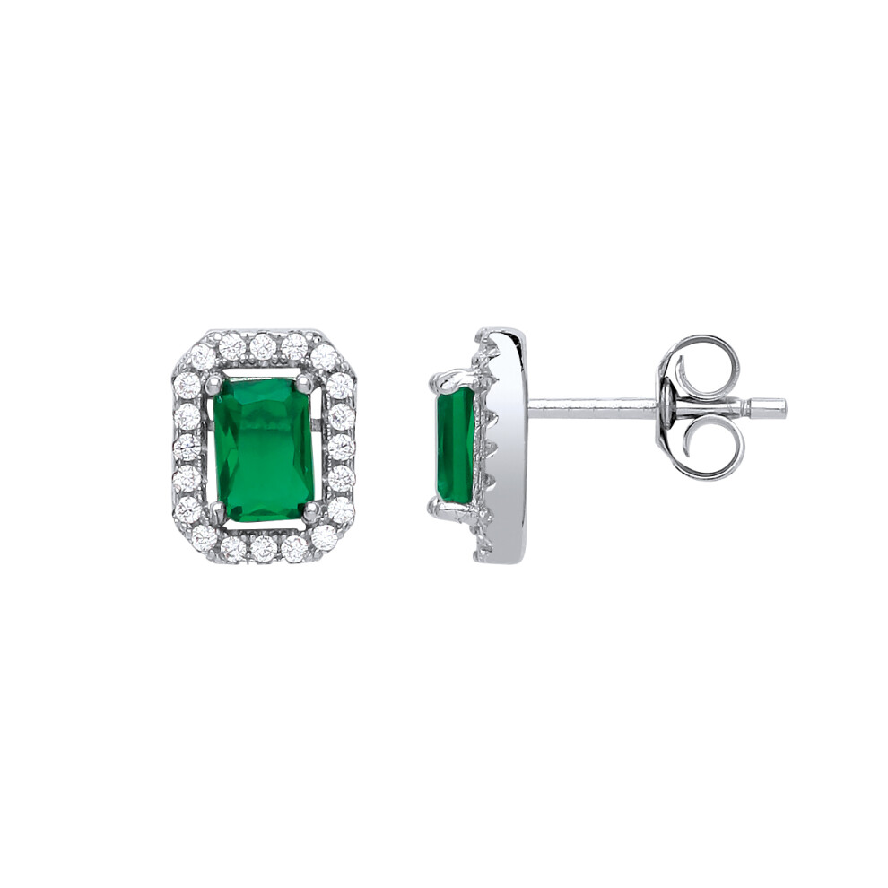 Jewelco London Ladies Sterling Silver Emerald-Green emerald cut Cubic Zirconia Football Stadium Stud Earrings - GVE351EM