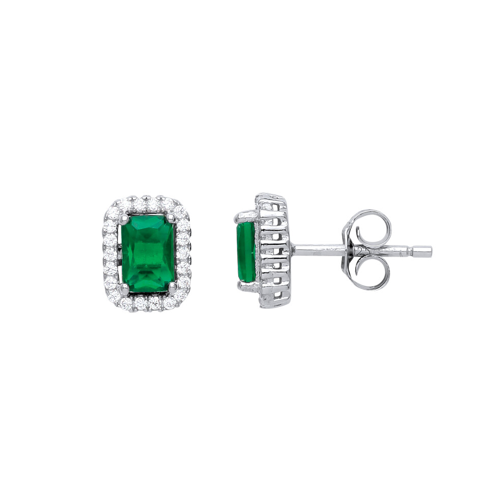 Jewelco London Ladies Sterling Silver Emerald-Green emerald cut Cubic Zirconia Football Stadium Stud Earrings - GVE542EM