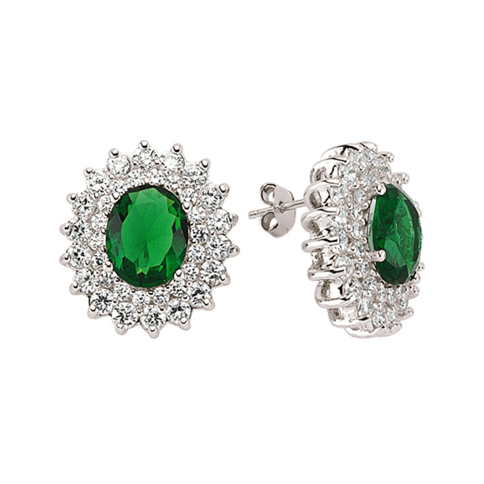 Jewelco London Ladies Sterling Silver Emerald-Green Oval Cubic Zirconia Royal Cluster Stud Earrings - GVE058EM