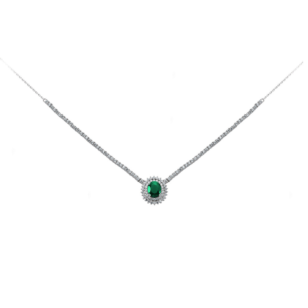 Ladies Sterling Silver Emerald-Green Oval Cubic Zirconia Royal Lady Di Cluster Pendant Necklace 15 inch - GVK099EM - Image 2