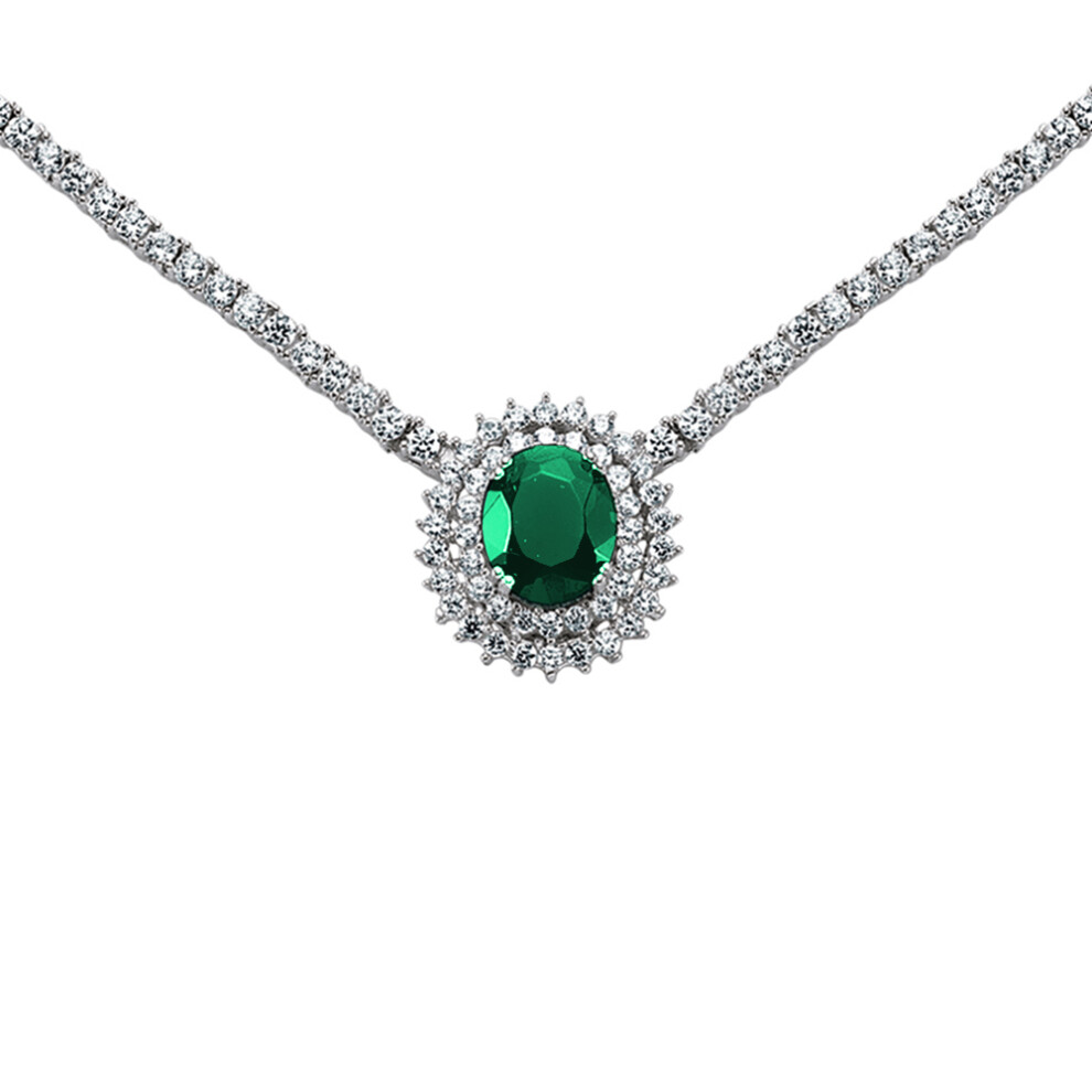 Ladies Sterling Silver Emerald-Green Oval Cubic Zirconia Royal Lady Di Cluster Pendant Necklace 15 inch - GVK099EM