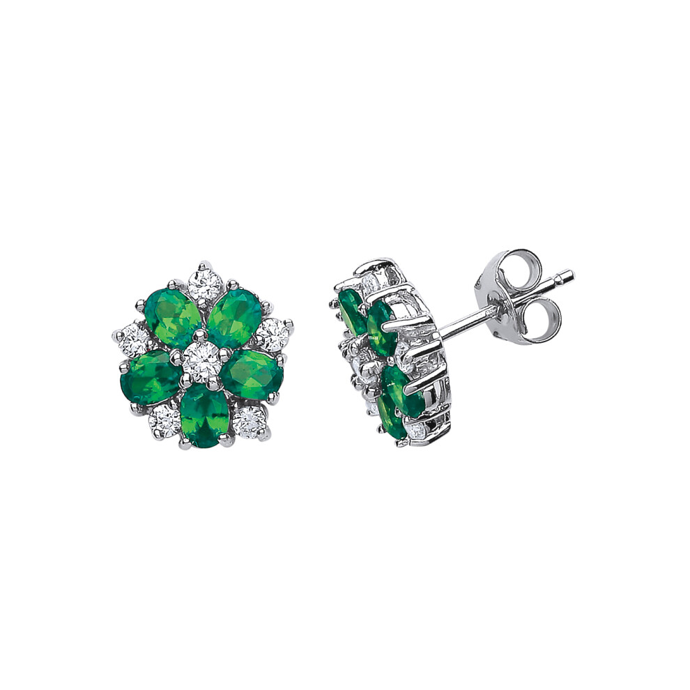Jewelco London Ladies Sterling Silver Emerald-Green Oval Cubic Zirconia Tudor Rose Flower Petal Stud Earrings - GVE212EME