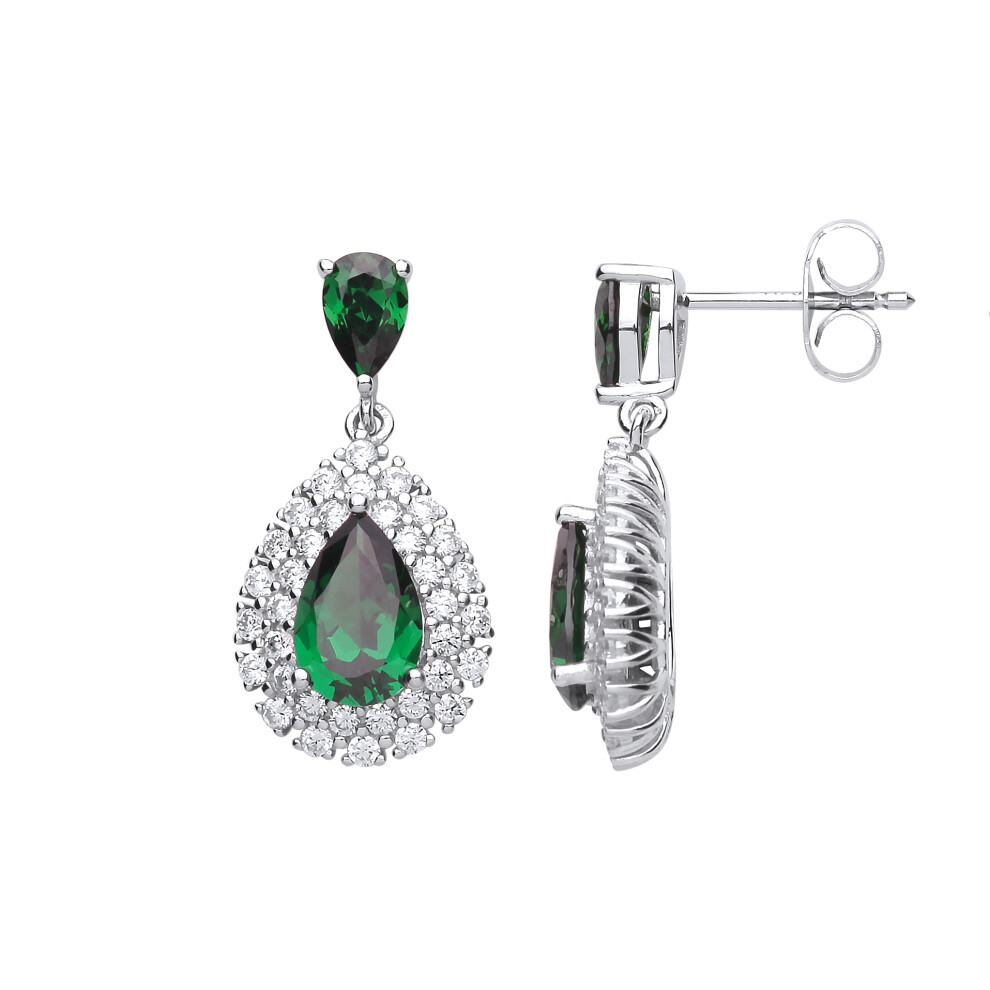Jewelco London Ladies Sterling Silver Emerald-Green Pear Cut Cubic Zirconia Tears of Joy Halo Stud Drop Earrings - GVE705