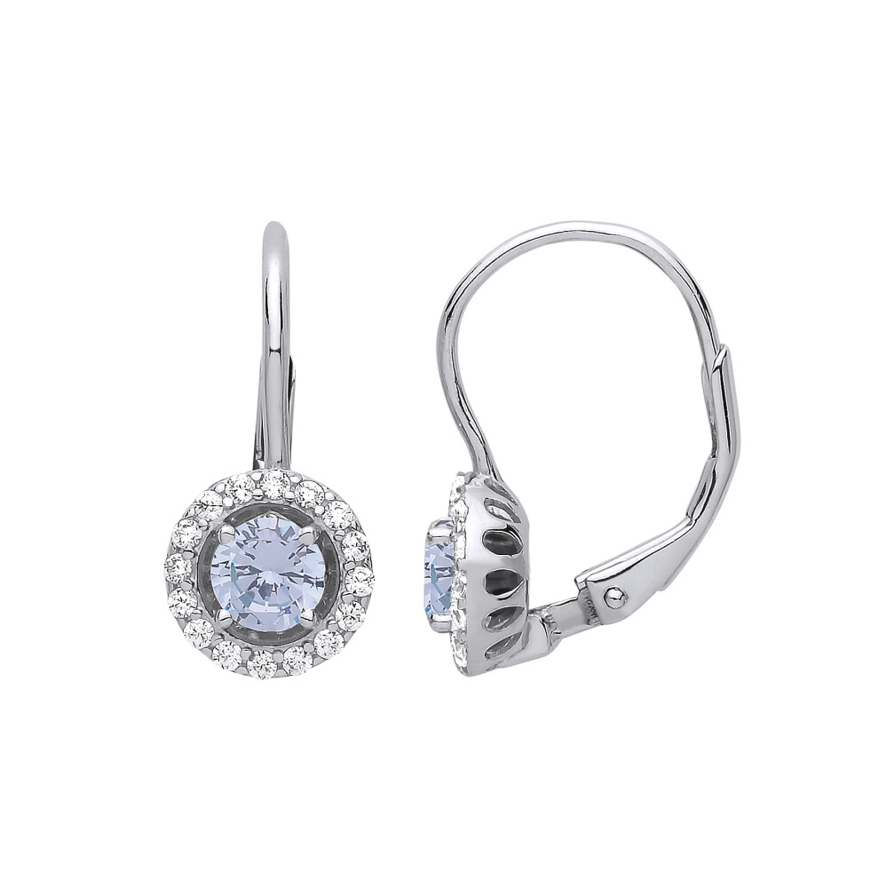 Jewelco London Ladies Sterling Silver Light Blue Cubic Zirconia Solitaire Halo Drop Earrings - GVE813AQ