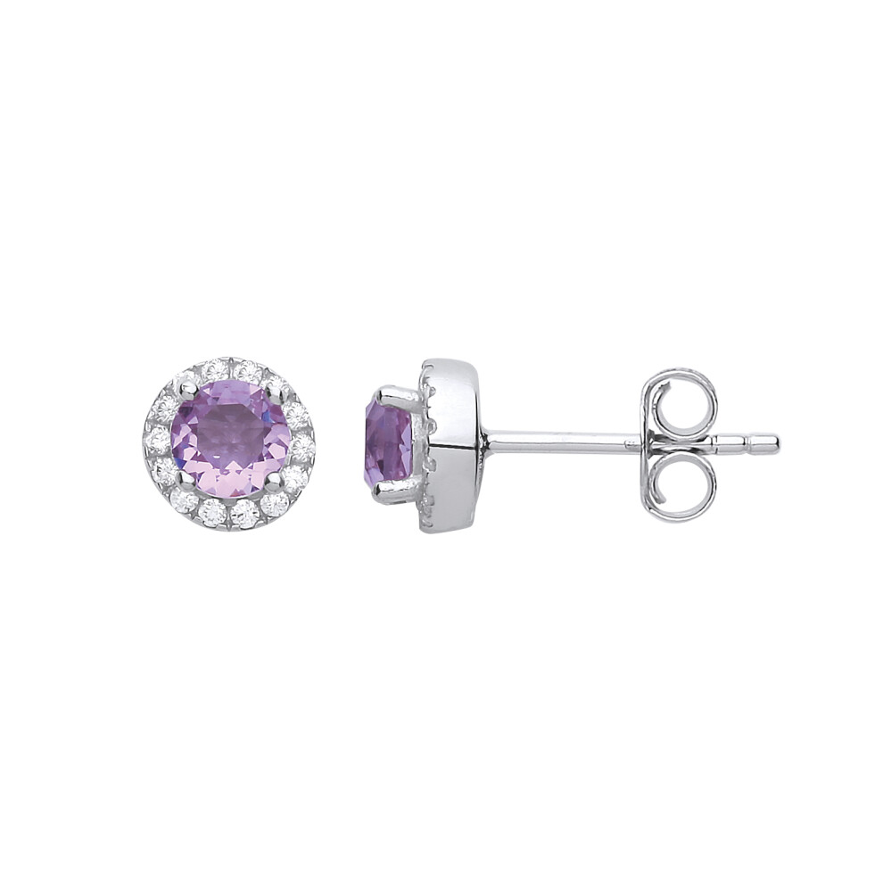 Jewelco London Ladies Sterling Silver Lilac Cubic Zirconia Solitaire Halo Cluster Stud Earrings - GVE733