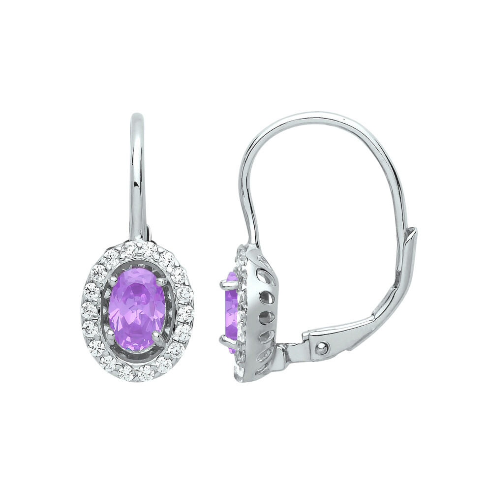 Jewelco London Ladies Sterling Silver Lilac Oval Cubic Zirconia Solitaire Halo Drop Earrings - GVE815VIO