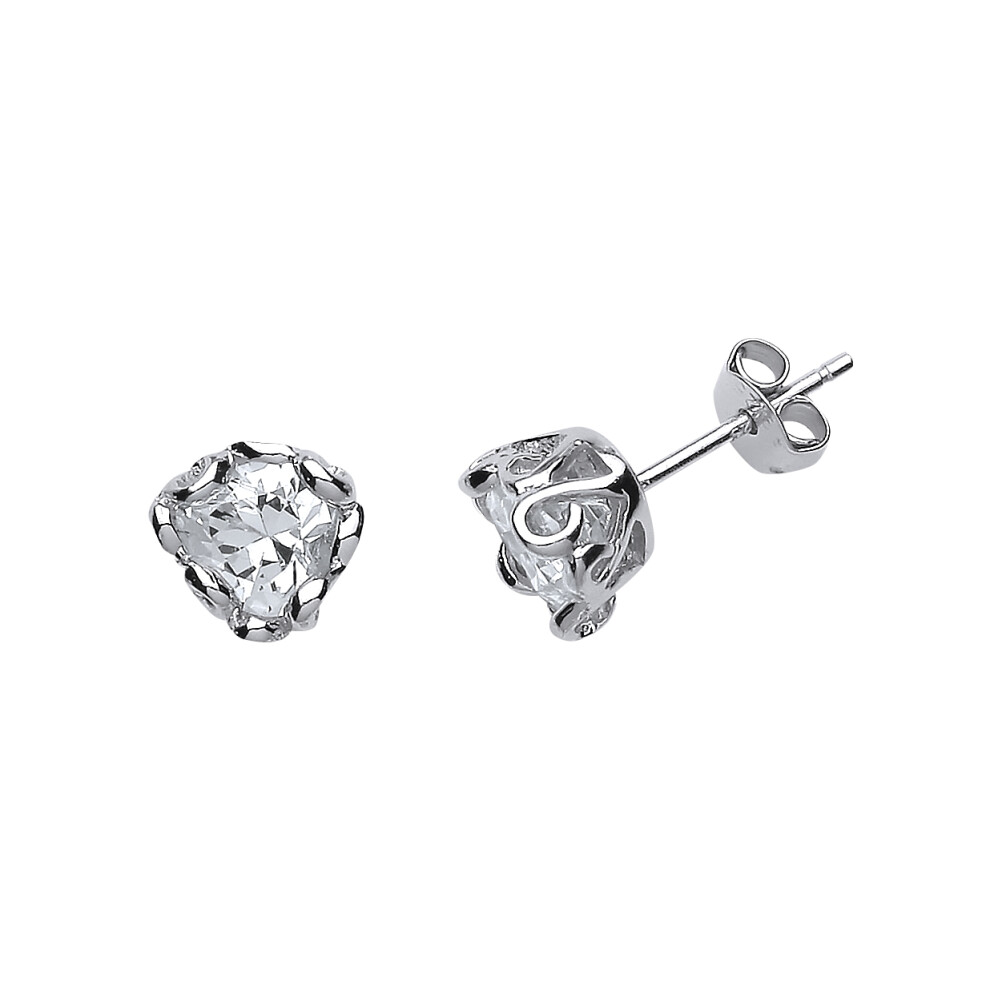 Jewelco London Ladies Sterling Silver Love Heart Cubic Zirconia 9s & 6s Scroll Stud Earrings - GVE494