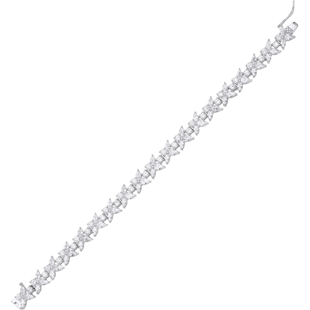 Jewelco London Ladies Sterling Silver Pear Marquise CZ Forsythia Trillium Flower Cluster Tennis Bracelet 7.5 inch - GVB593 - Image 2