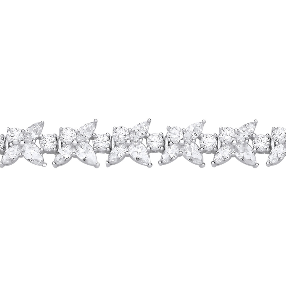 Jewelco London Ladies Sterling Silver Pear Marquise CZ Forsythia Trillium Flower Cluster Tennis Bracelet 7.5 inch - GVB593