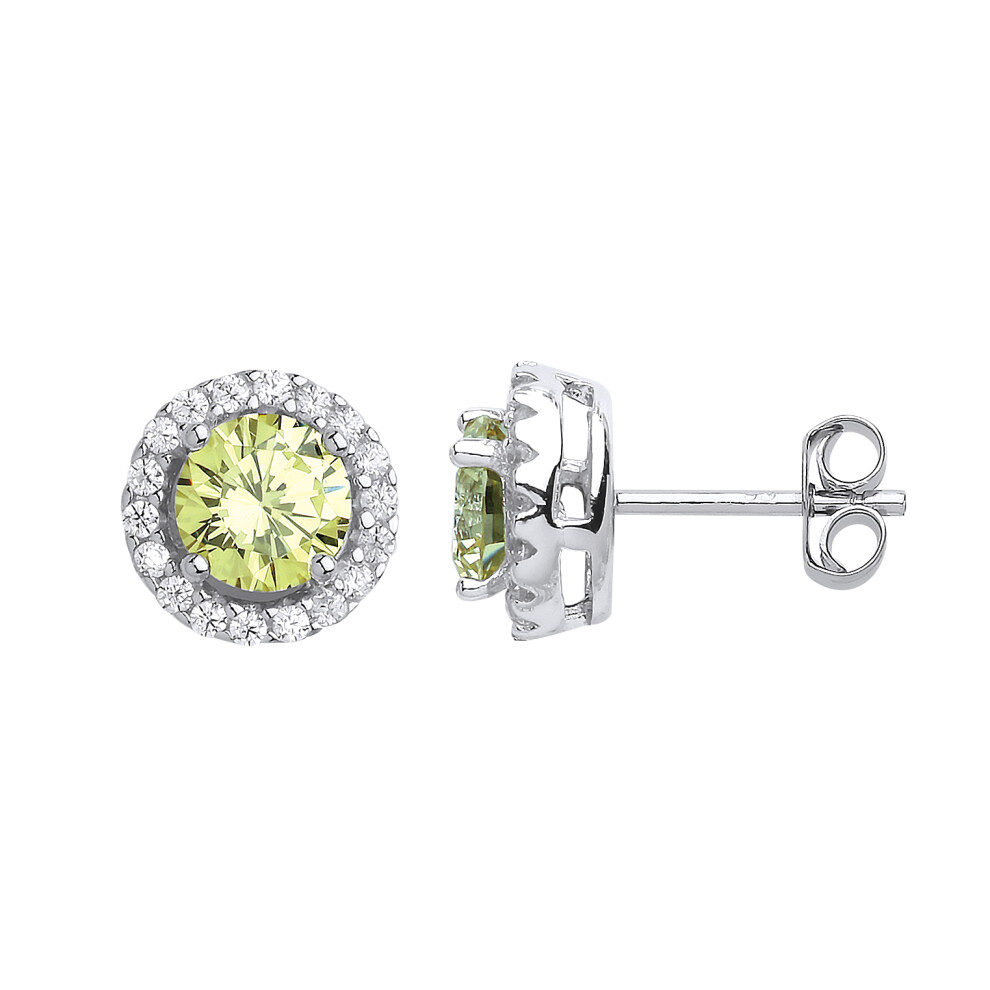 Jewelco London Ladies Sterling Silver Peridot-Green Cubic Zirconia Halo Solitaire Stud Earrings - GVE419PER