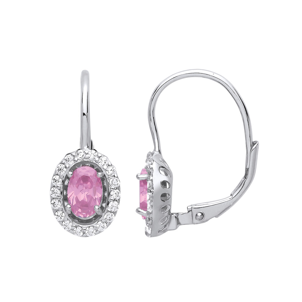 Jewelco London Ladies Sterling Silver Pink Oval Cubic Zirconia Solitaire Halo Drop Earrings - GVE815PINK