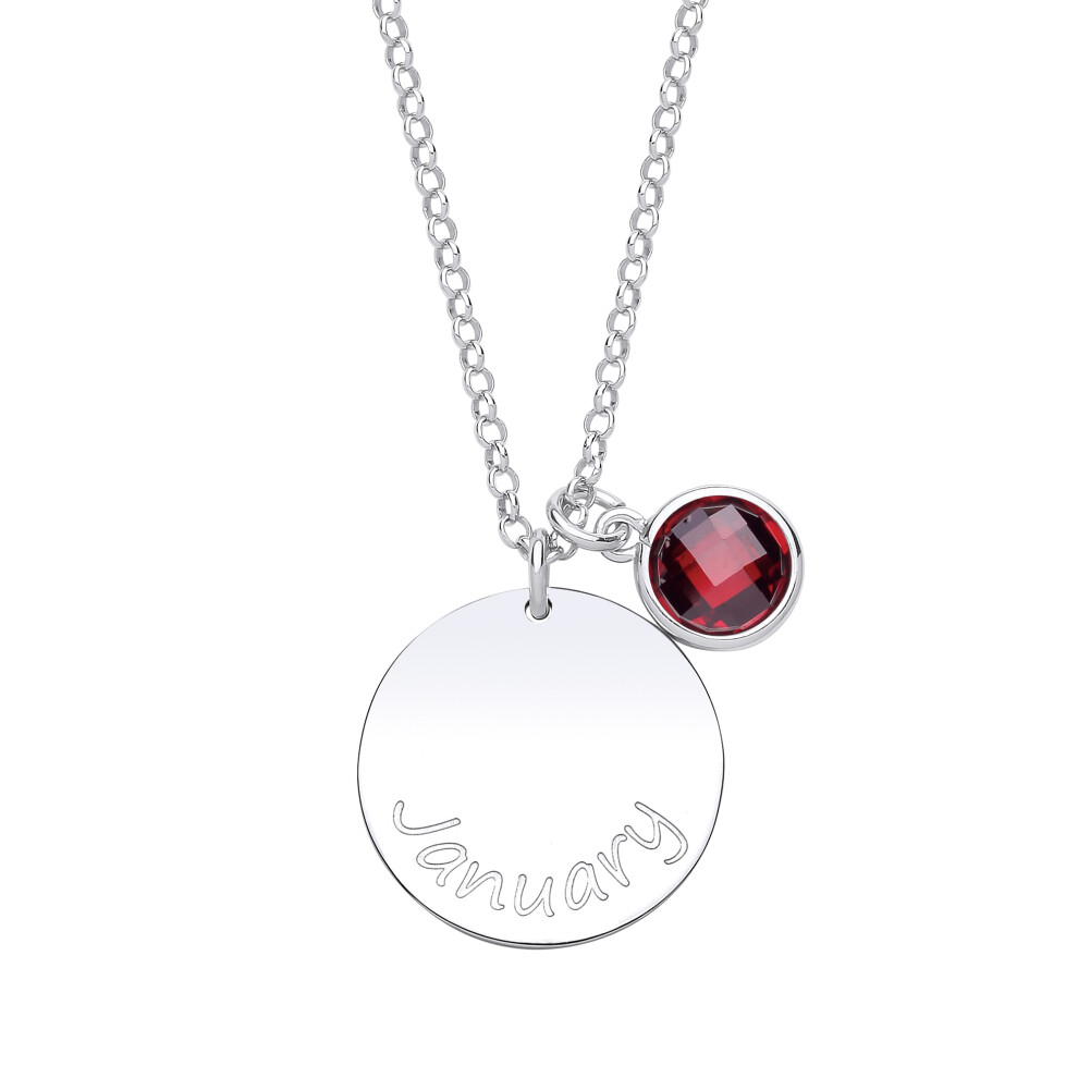Ladies Sterling Silver Pommegranate-Red Checkerboard Button Cubic Zirconia Birthstone Round Tag Medallion Necklace 16 inch - GVK306GAR