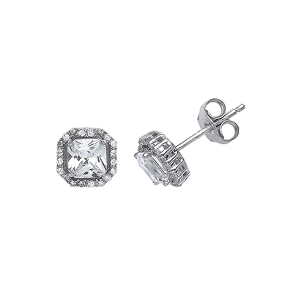 Jewelco London Ladies Sterling Silver Princess Cut Cubic Zirconia Halo Stud Earrings - GVE540