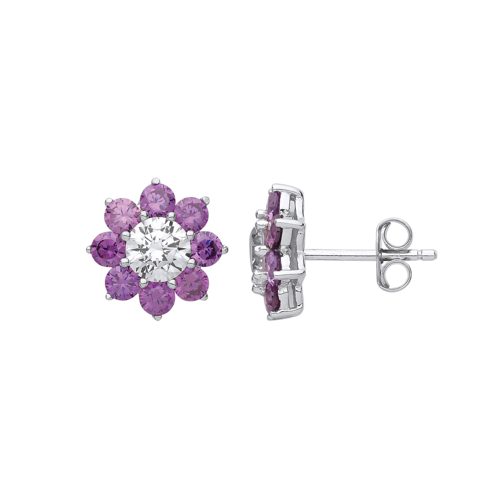 Jewelco London Ladies Sterling Silver Purple Cubic Zirconia Majestic Flower Cluster Stud Earrings - GVE807