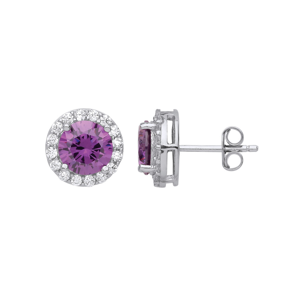 Jewelco London Ladies Sterling Silver Purple Cubic Zirconia Solitaire Halo Cluster Stud Earrings - GVE806