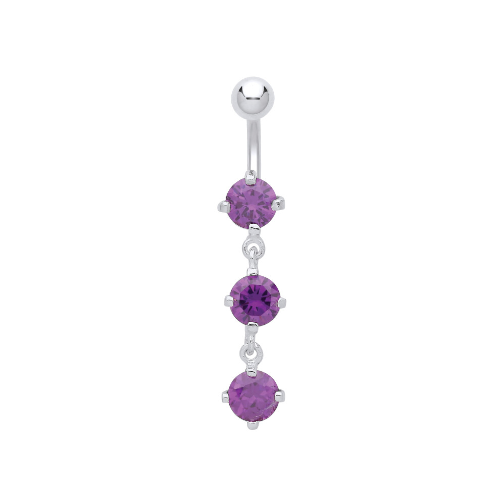 Jewelco London Ladies Sterling Silver Purple CZ Trilogy Chandelier Drop with Stainless Steel Belly Bar & Ball - GBB51AM