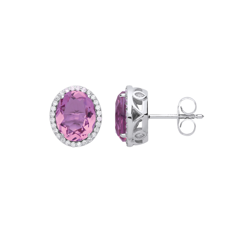 Jewelco London Ladies Sterling Silver Purple Oval Cubic Zirconia Halo Solitaire Stud Earrings - GVE730