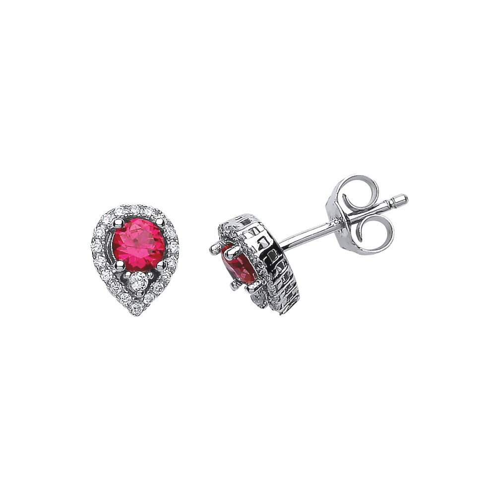 Jewelco London Ladies Sterling Silver Ruby-Red Cubic Zirconia Halo Tears of Joy Drop Earrings - GVE397RUBY