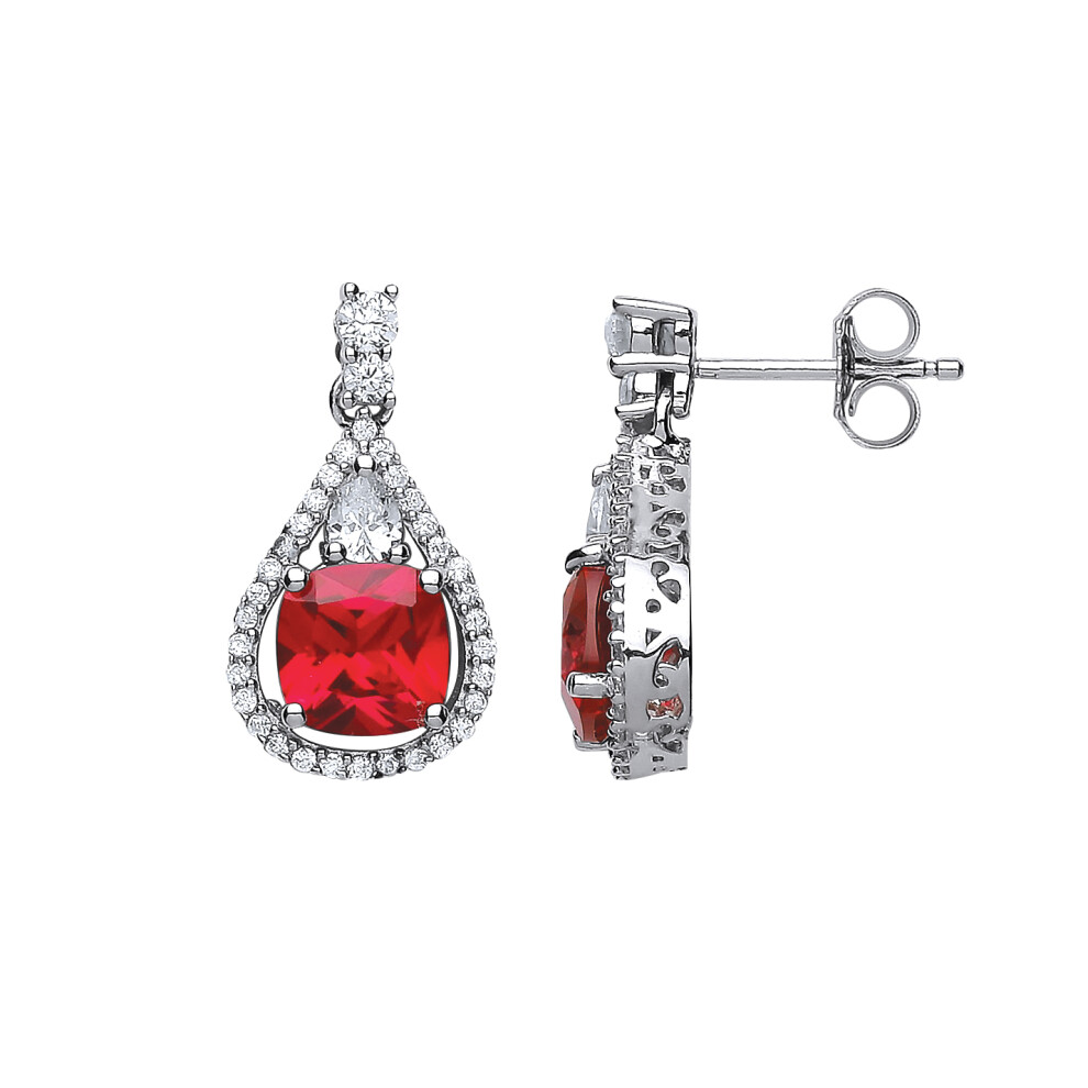 Jewelco London Ladies Sterling Silver Ruby-Red Cushion Cubic Zirconia Halo Teardrop Drop Earrings - GVE441RU