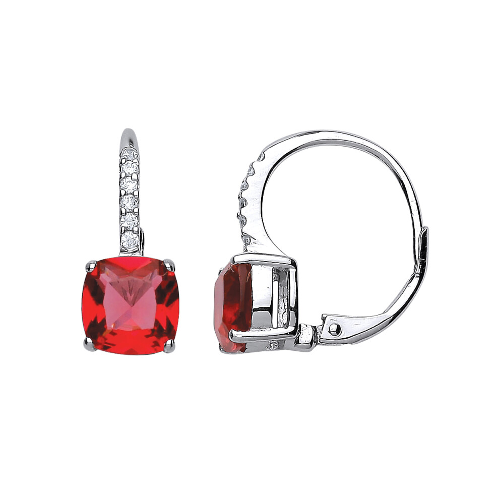 Jewelco London Ladies Sterling Silver Ruby-Red Cushion Cubic Zirconia Pave Drop Earrings - GVE462
